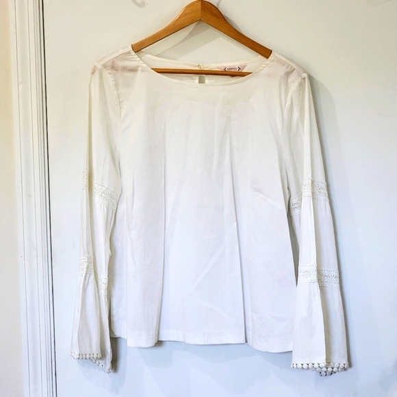 Nannette Lepore White Peasant Top Eyelette Lace Bell Sleeves Size Large - Picture 4 of 16